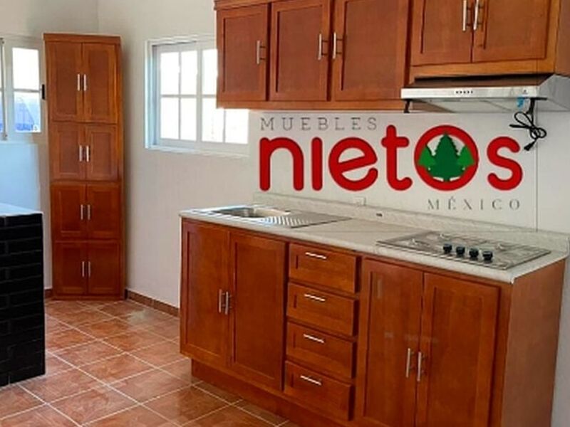 Muebles madera chocolate mesón mármol blanco