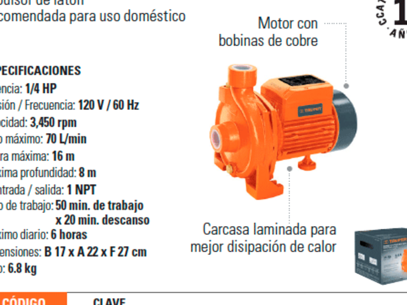 Bomba Eléctrica de agua centrífuga 1/4 CDMX