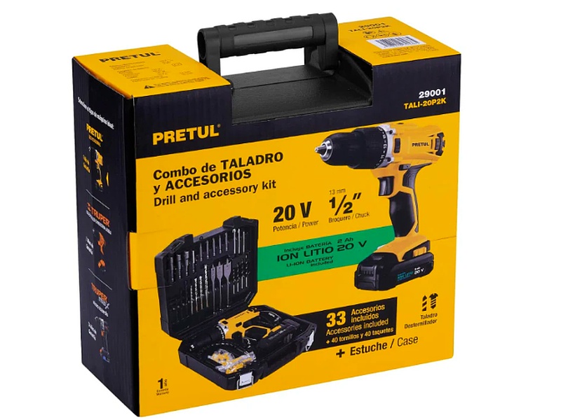 Taladro inalámbrico 1/2' 20V y kit con 32 accesorios, Pretul México