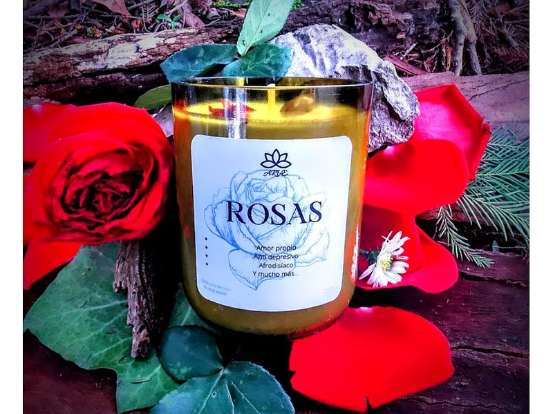 Vela con cuarzos y aroma de ROSAS