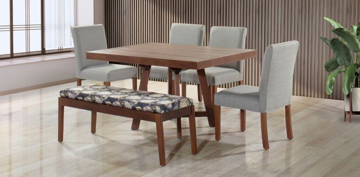 Comedor Granada 100 x 135 cm con 4 Sillas Pebble y Banca Charcoal