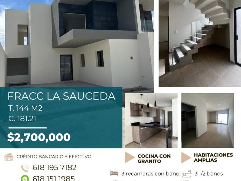 VENTA CASA FRACCIONAMIENTO LA SAUCEDA