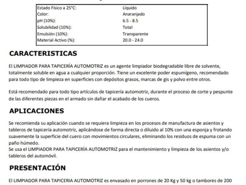Limpiador de Tapicería Autormotriz 