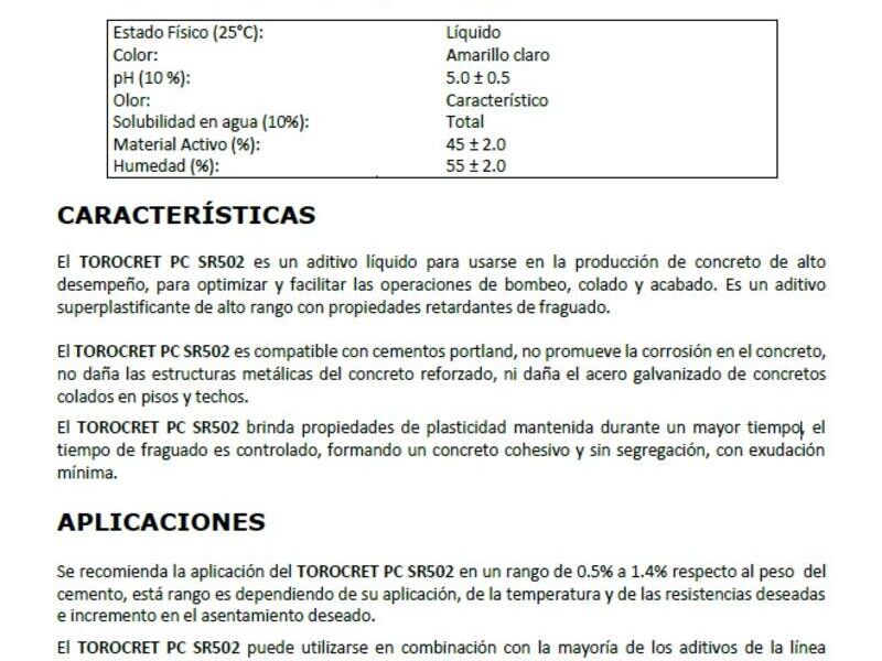 Policarboxilato Retención al Asentamiento