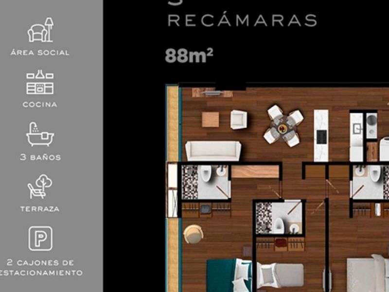 3 RECAMARAS  Departamento Venta México