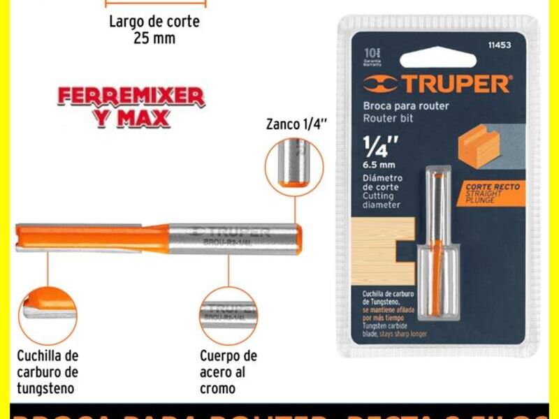 BROCA PARA ROUTER, RECTA 2 FILOS 1/4", LARGA