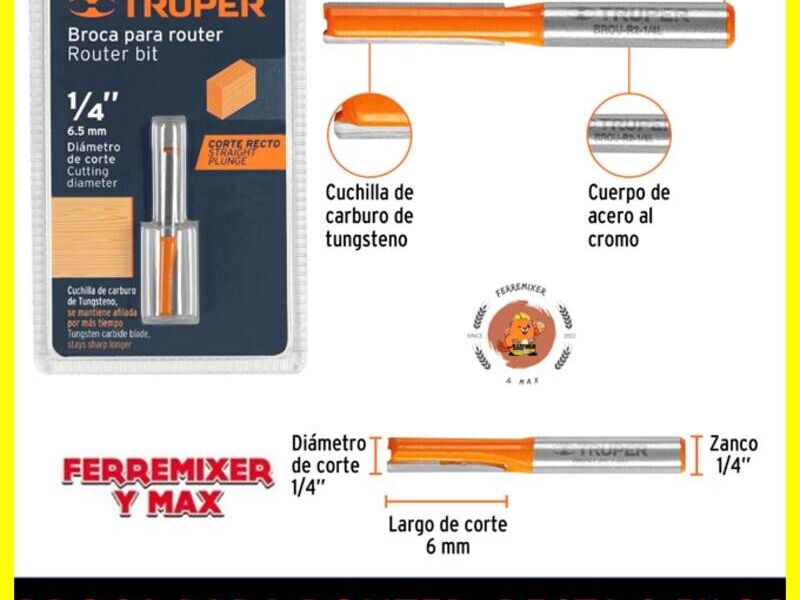 BROCA PARA ROUTER, RECTA 2 FILOS 1/4" MEDIANA