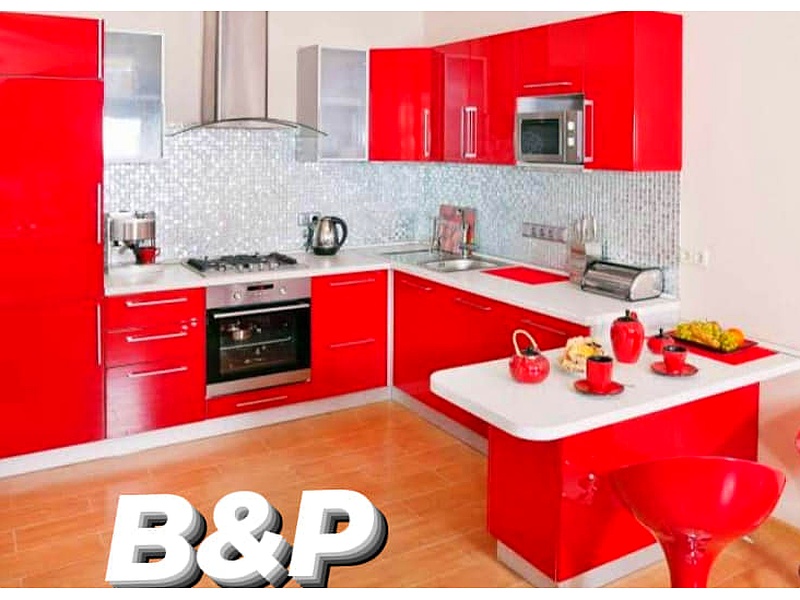 Cocina con isla color rojo México Cocinas y Vestidores B&P