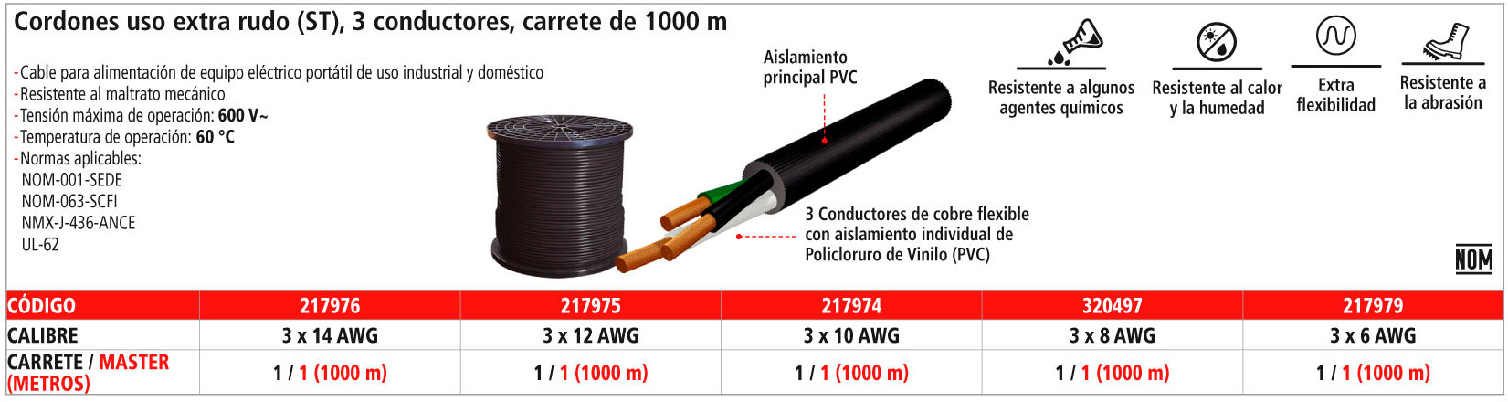 Cordones usu extra rudo (ST) 3 conductores, carreter de 1000 m