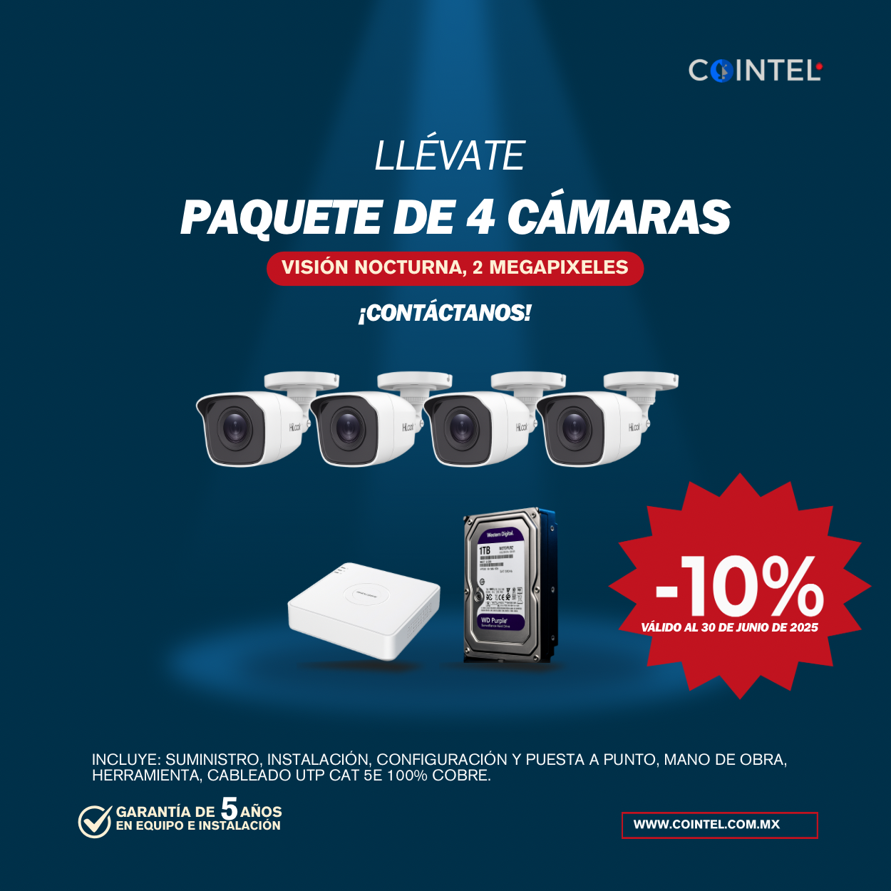 Kit de 4 camaras de CCTV 2 megapixeles con instalacion