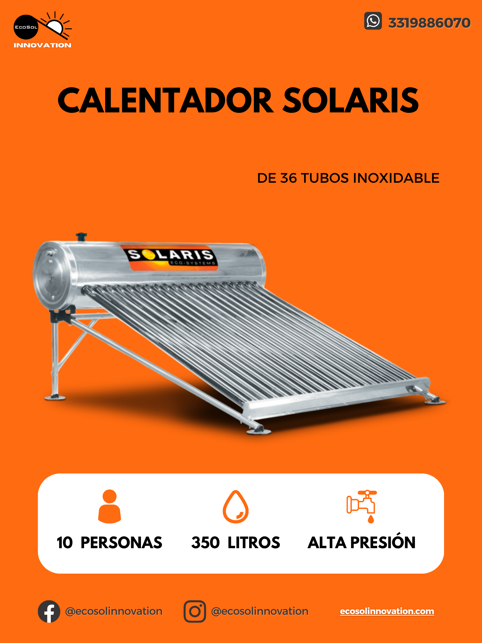 Calentador Solaris 36 tubos inoxidable alta presión