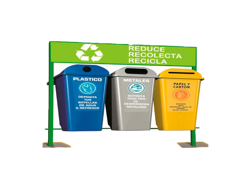 Estacion De Reciclaje De Tres Contenedores ECOL-420-RT1 Sin Ruedas De polietileno Soporte Negro