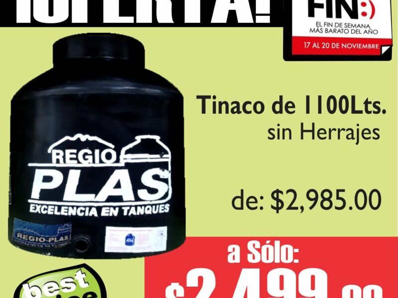 Tinaco 1100 litros sin herrajes México 