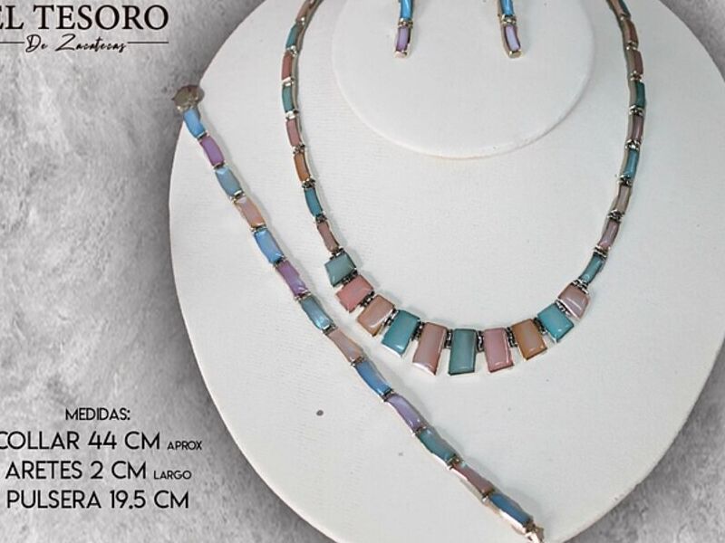 Collar, Pulsera y Aretes con piedra de colores