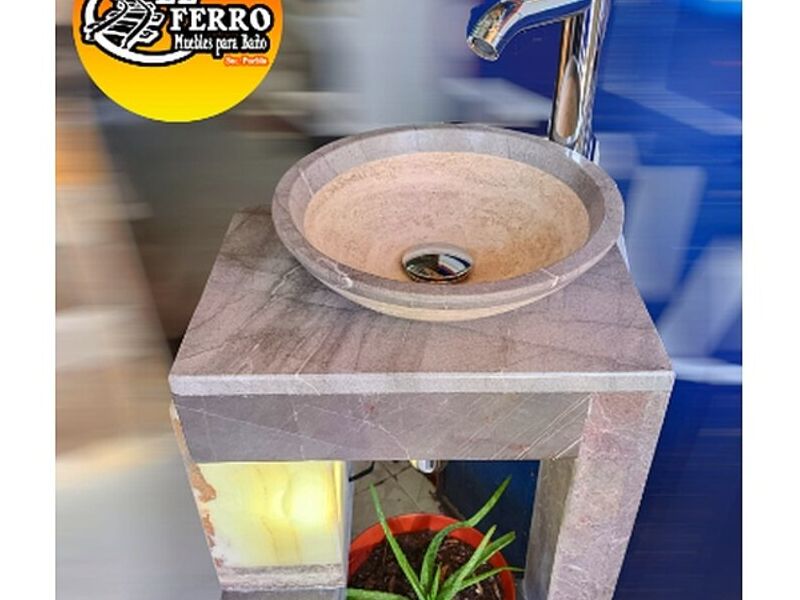 Mueble gris lavabo sobrepuesto baño