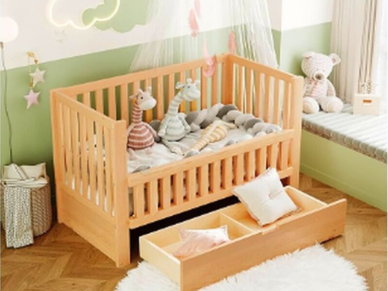 Cama cuna blanco con beige cajón madera