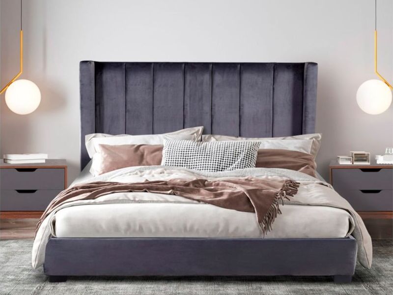 CAMA KING SIZE TERCIOPELO LENNE GRIS