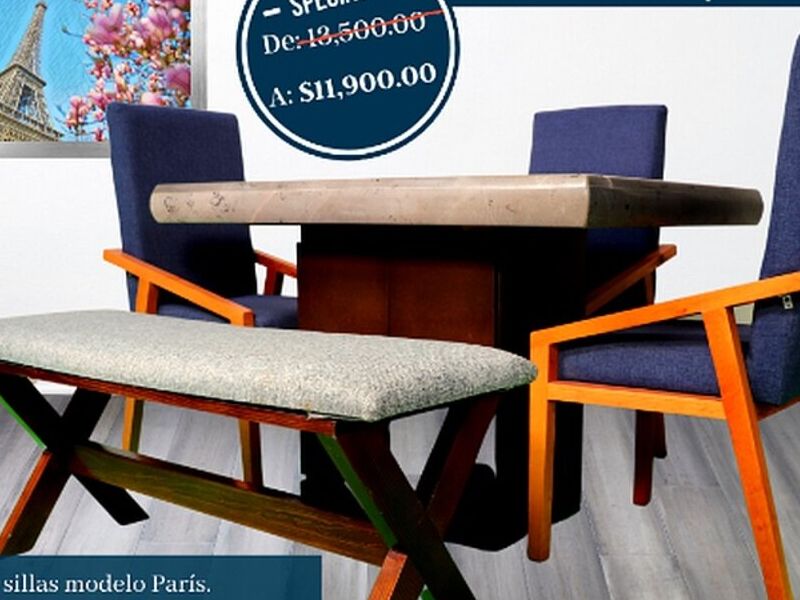 Comedor 4 sillas azul madera